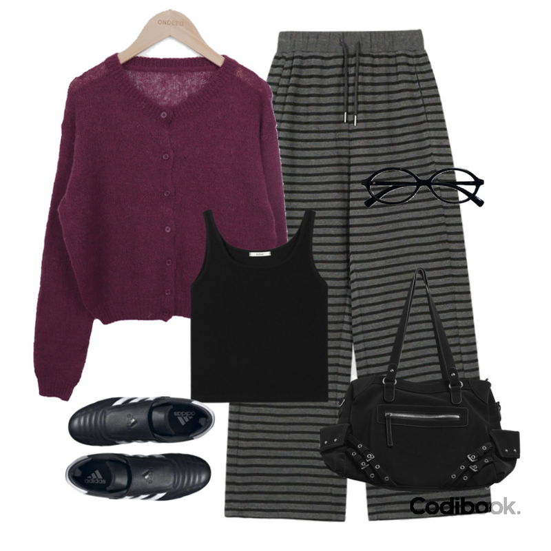 anyonemore 로페 긱시크 너드 뿔테 안경 (2color),BEIDELLI 1+1토마토 골지 레이어드 나시,BEIDELLI 위니 단가라 니트팬츠등을 매치한 코디