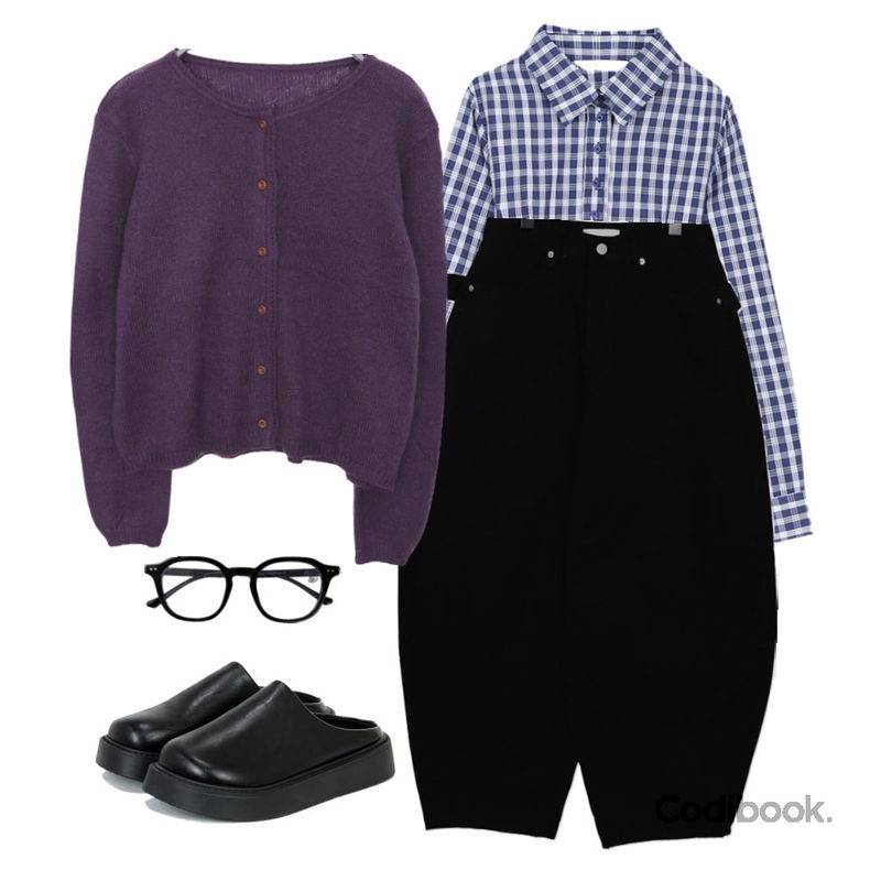 ondeed 토모 블루라이트 차단 투명 스퀘어 패션 뿔테 안경,FloridaStudio 에브리데이 피사 플랫폼 라운드 블로퍼 ED2554,wonderwonder 케리 스터드 스트랩 벌룬핏 코튼 롱 팬츠등을 매치한 코디