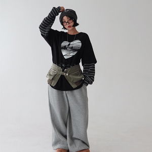 ST 반팔 레이어드 맨투맨 티셔츠 (겨울 오버핏 스트라이프)