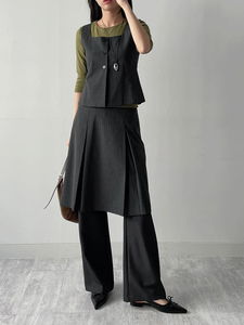 條紋拼接打褶喇叭西裝褲