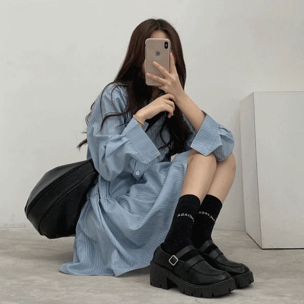 休閒寬鬆直條紋翻領七分袖中長版襯衫洋裝