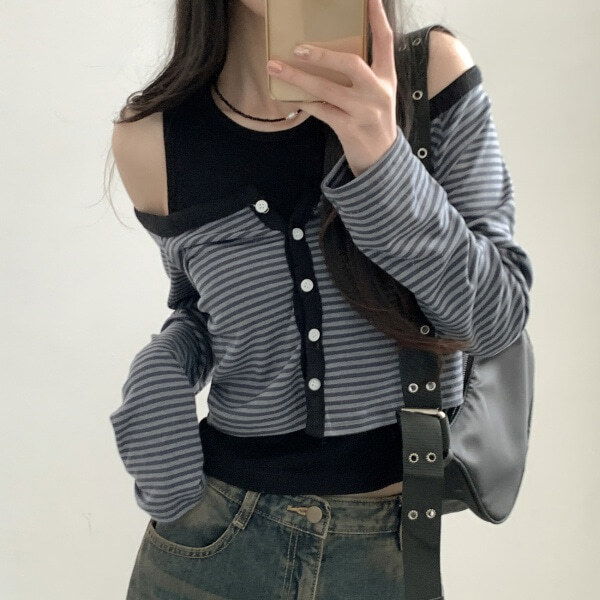 파이 단가라 오프숄더가디건 탑나시 세트2color