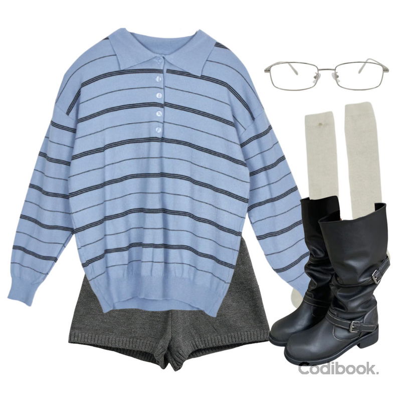 DAILYJOU 슈가붐 레트로 메탈 안경,DAILYJOU 다로 빈티지 버클 와이드 롱 부츠,noirmute 히누덴 베이직 니트 밴딩 숏 팬츠 BASIC KNIT BANDED SHORTS등을 매치한 코디