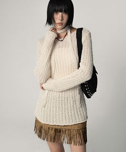 波浪邊寬鬆羅紋長袖針織上衣