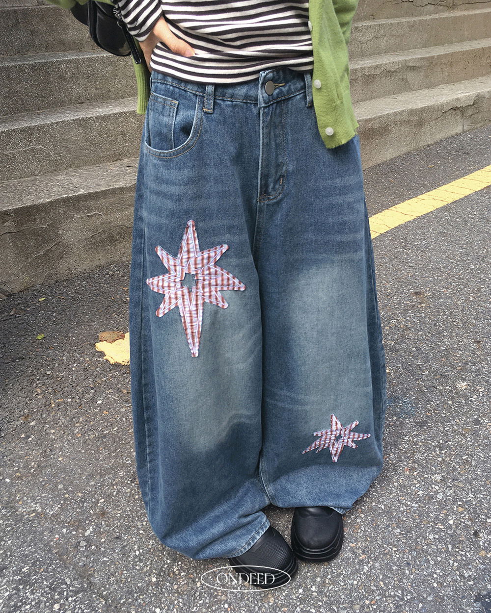 星星補丁水洗牛仔寬褲