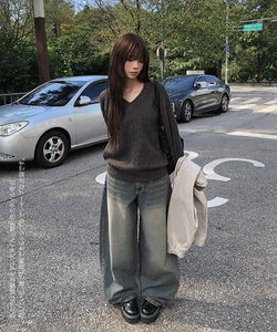 Kafun Vintage Faded Denim Wide Pants