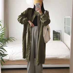 미클 하이넥 스트링 오버핏 롱 사파리 야상 점퍼