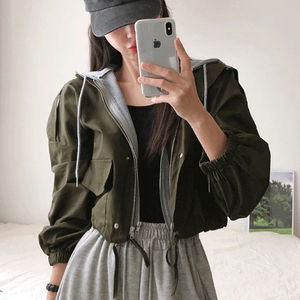 프린시 후드 레이어드 스트링 집업 숏 야상 점퍼