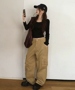 다오렌 뒷밴딩 스트링 카고 와이드 팬츠 -4 color