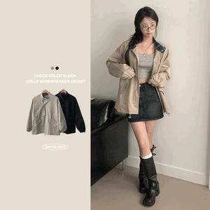 블레아 체크 배색 오버핏 지퍼 스냅 단추 스트링 점퍼