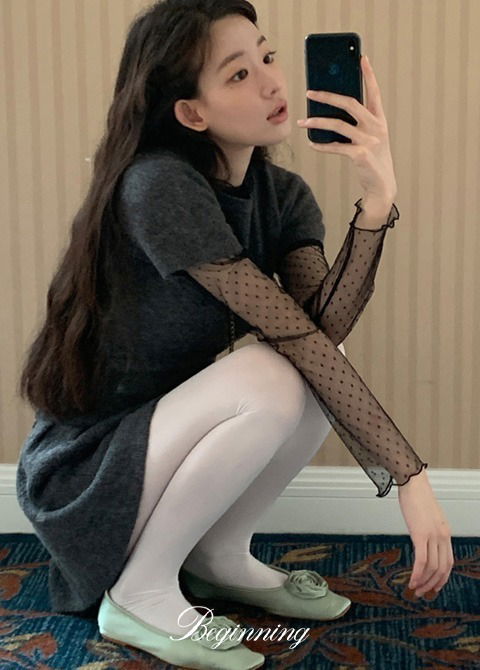 網點透膚圓領短袖上衣