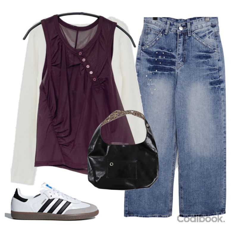 tipssy mesh shirring vest (4color),moaround 마이벨 모달 유넥 긴팔 티셔츠 -6color,wonderwonder 보아 스터드 아일렛 포켓 와이드핏 워싱 데님 롱 팬츠등을 매치한 코디