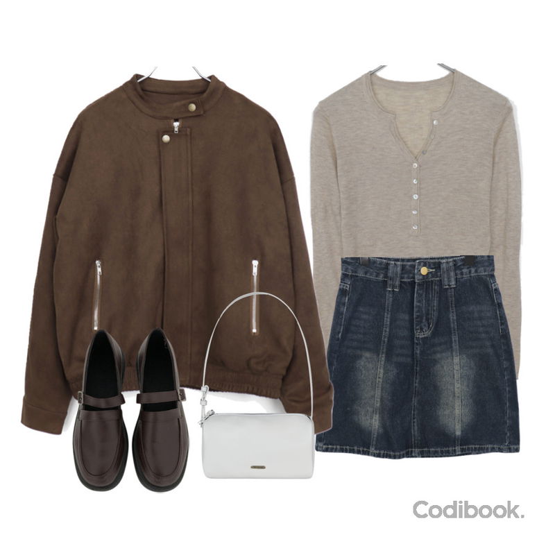 gifteabox 둥근코 통굽 스트랩 로퍼,wonderwonder 샤잇 스웨이드 노카라 스냅 버튼 지퍼 포켓 블루종 자켓,BEIDELLI 소티 심볼 토트백등을 매치한 코디