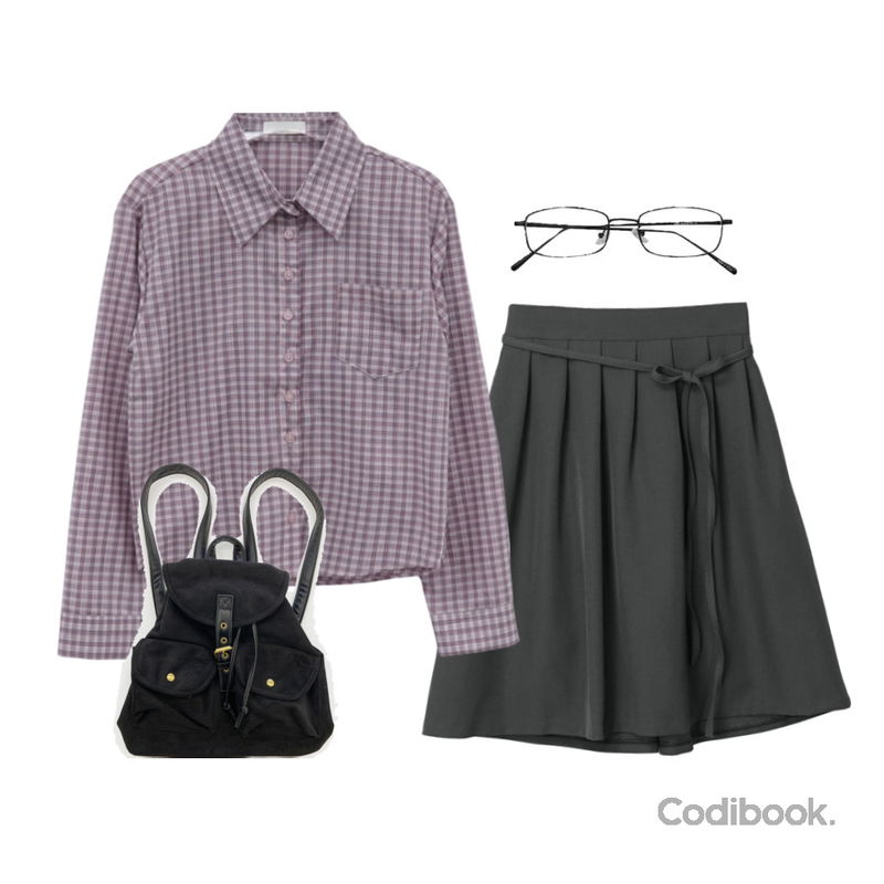 DAILYJOU 슈가붐 레트로 메탈 안경,DAILYJOU 레오나 체크 크롭핏 긴소매 셔츠,binary01 모코코 리본 미디스커트등을 매치한 코디