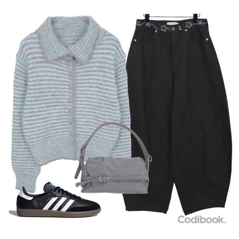 wonderwonder 후닐 벨트 나일론 숄더백,wonderwonder 제나 별 큐빅 포켓 벌룬핏 코튼 롱 팬츠,ondeed 레느 스트라이프 단가라 버튼 카라 니트 가디건등을 매치한 코디