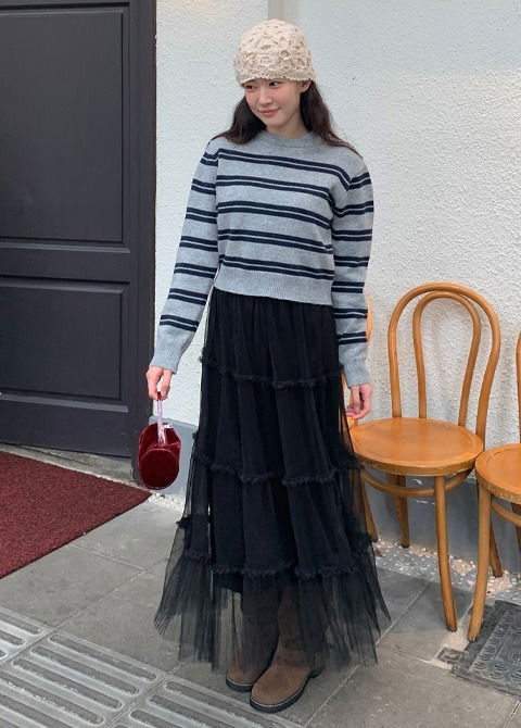 メッシュカンカンレイヤードロングスカート