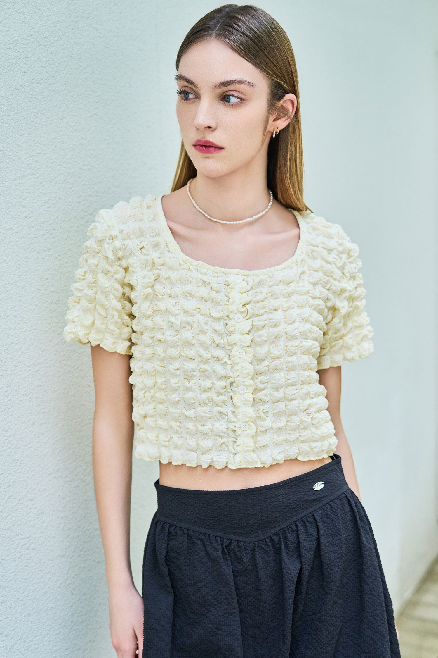WOMAN square embossed short sleeve blouse