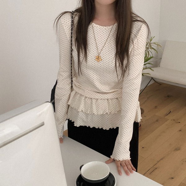 點點荷葉邊圓領長袖針織上衣