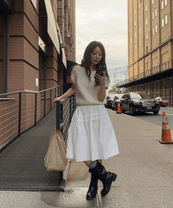 優雅褶皺棉質中長版傘擺裙