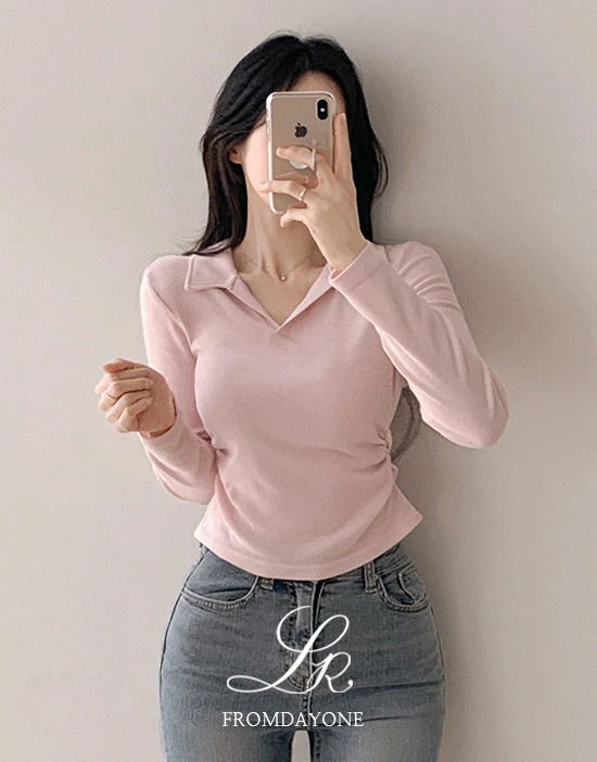 Made)브리나 오픈카라 셔링 긴팔티