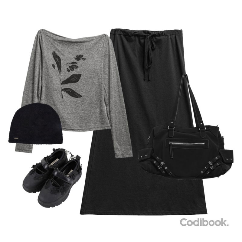 porterna 보린 니트 비니,COLOR iN ID 엔그 플라워 메리제인,noirmute 디절브 아일렛 벨트 레더 빅 숄더백 EYELET BELT LEATHER BIG SHOULDER BAG등을 매치한 코디