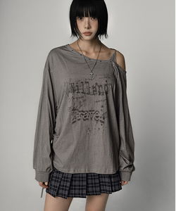 Sdaba Off-Shoulder Letter Shirring Strap Long Sleeve Tee