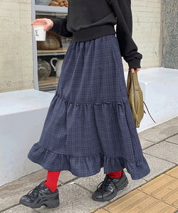 노엔티 밴딩 프릴 캉캉 체크 롱 스커트 -2color