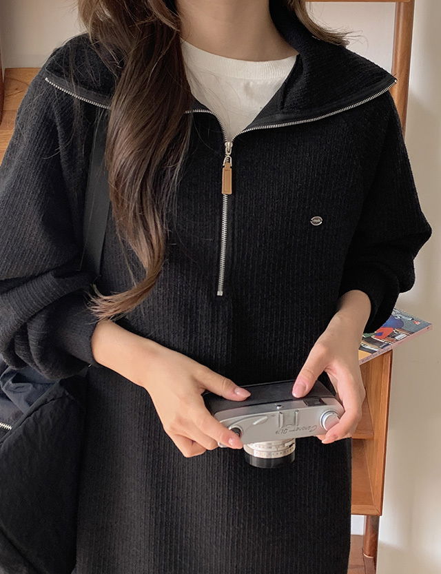 水手領半拉鍊寬鬆針織長洋裝