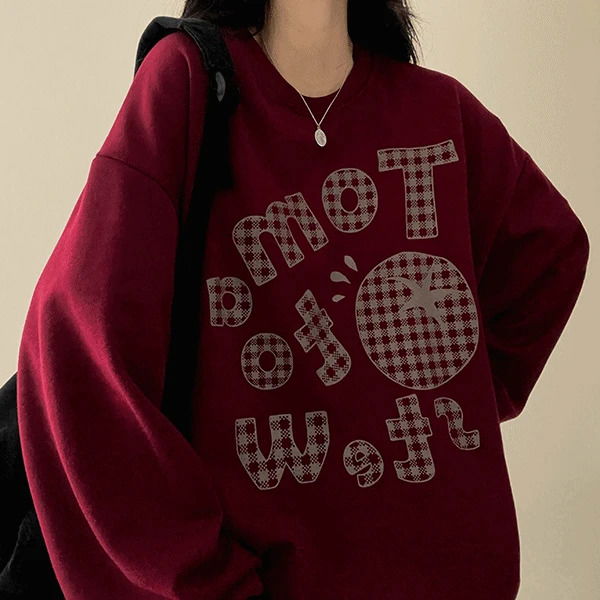 酒紅色格紋圓領寬鬆長袖衛衣