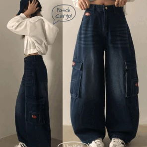 포팅 빈티지 워싱 자수 패치 와이드 카고 데님 벌룬 팬츠