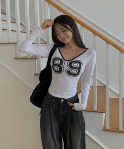 ネットVネックバイカラースリムクロップ長袖Tシャツ