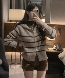 條紋連帽拉鍊針織外套