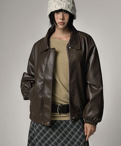 寬版立領真皮皮衣外套