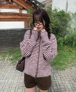 Mud Collar Stripe Color Block Knitwear Cardigan