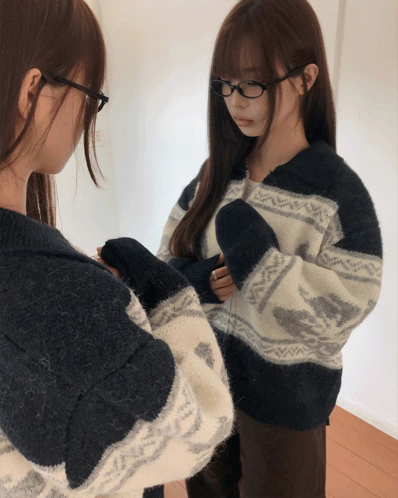 Mli Nordic Collar Loose-fit Knitwear Zip-up Zip-up