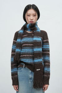 藍棕毛絨條紋圍巾