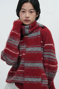 紅灰毛絨條紋圍巾