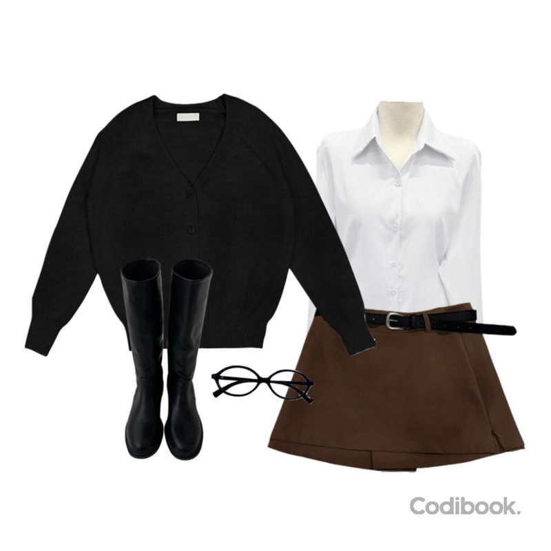 anyonemore 로페 긱시크 너드 뿔테 안경 (2color),Dayroze 이브닝 브이넥 니트 가디건 (6color),Dayroze 아델 사이드 트임 치마바지 (3color)등을 매치한 코디