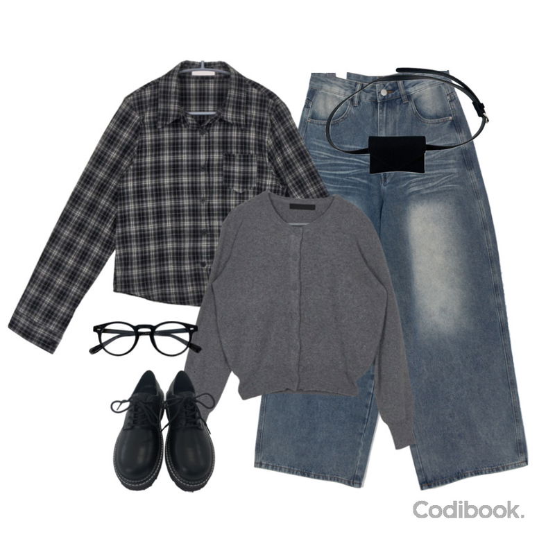 AAKE DOUBLE STITCH LOAFERS (3color),wonderwonder 쿠아 라운드 뿔테 투명 안경,EEZEE Cropped Slim Check Shirt SH024등을 매치한 코디