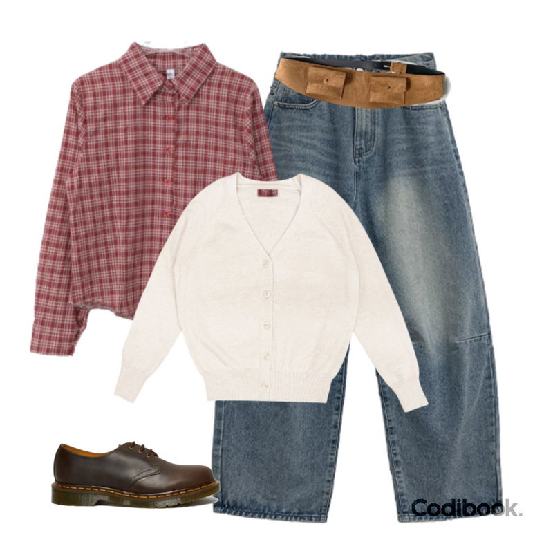 thepink 다닌 워싱 절개 뒷밴딩 와이드 데님 팬츠 (4color),E-PICK 루팡 체크 셔츠,Dayroze 이브닝 브이넥 니트 가디건 (6color)등을 매치한 코디