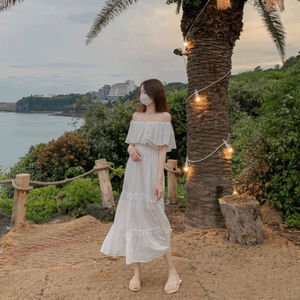 바캉스여신 여리여리 프릴 수술 브이넥 롱 플리프 주름 A라인 반팔 원피스