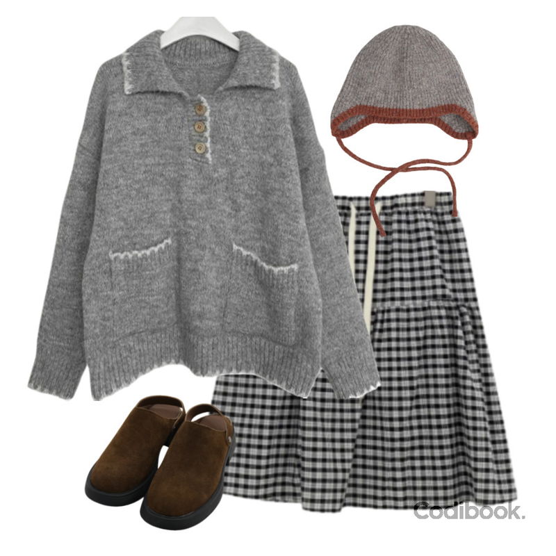 ccomeng 스티치포켓카라버튼배색아방핏니트(4color),MAENIQUE 레이즌 라운드토 뮬 슬리퍼 (스웨이드/레더),E-PICK 빈티지 스커트등을 매치한 코디