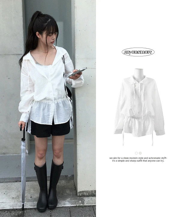 鬆垮綁帶長版襯衫式上衣