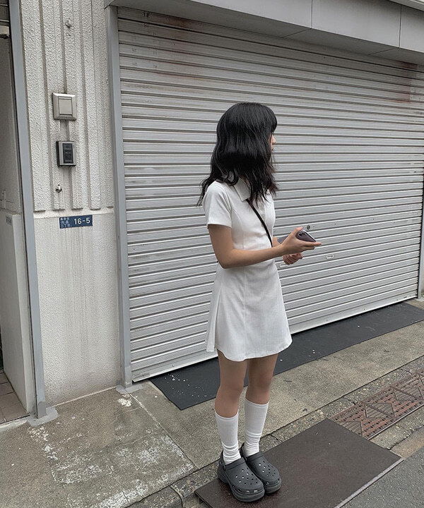 白色簡約襯衫領迷你連身洋裝