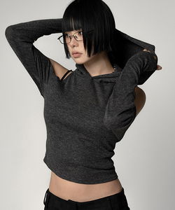 Off-Shoulder Slit Loose Hoodie Crop T-Shirt