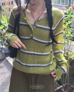 Dero Stripe Striped Henley Neck Loose-fit Long Sleeve Knitwear 