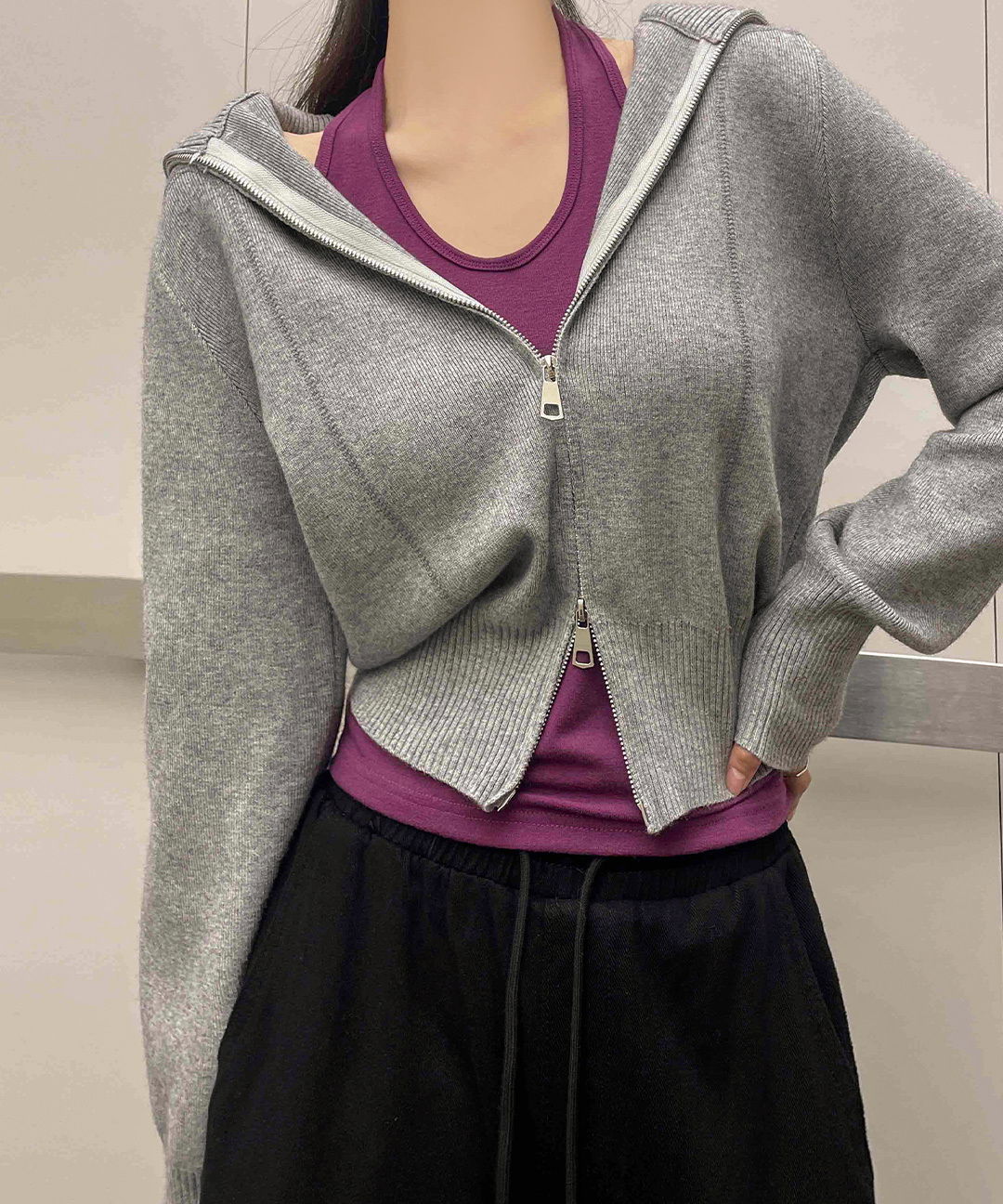 Att Basic High Neck Sailor Collar Knitwear Two-Way Zip-Up