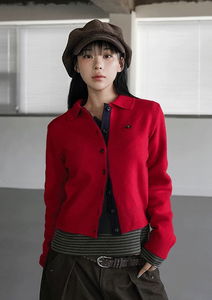 褶皺領長袖針織開襟外套