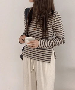 Daber Striped Peach Fleece-lined Long Sleeve T-shirt