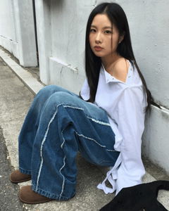 流蘇水洗寬版牛仔褲